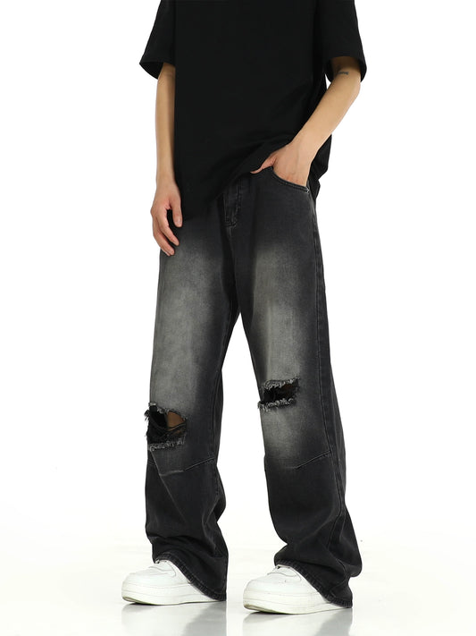 Wash Damaged Wide-Leg Straight Denim Jeans WN5748