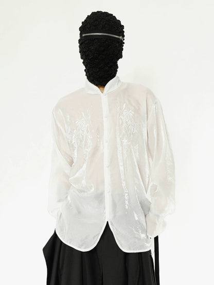 Organza Floral Embroidery Standing-Collar Long Sleeve Shirt WN20175