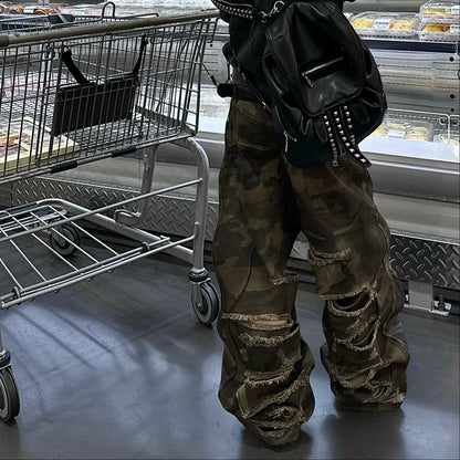 Camo Damage Studs Detail Wide Leg Cargo Pants WN27422
