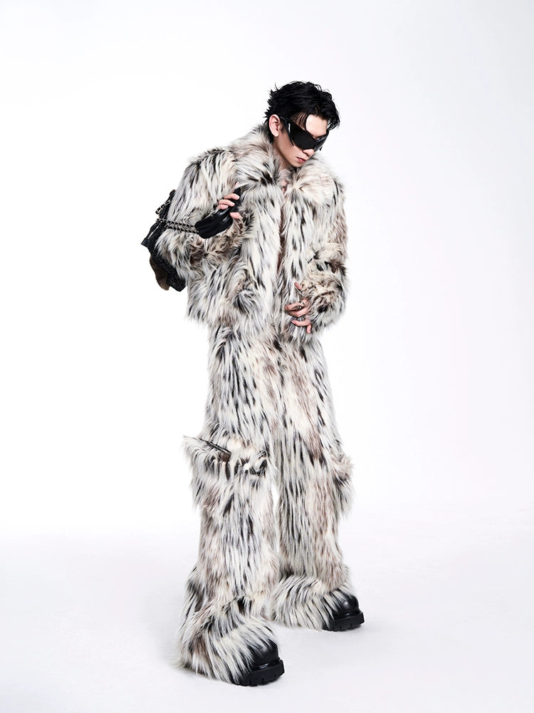 Leopard Fake Fur Jacket & Wide-Leg Fake Fur Pants Setup WN10220