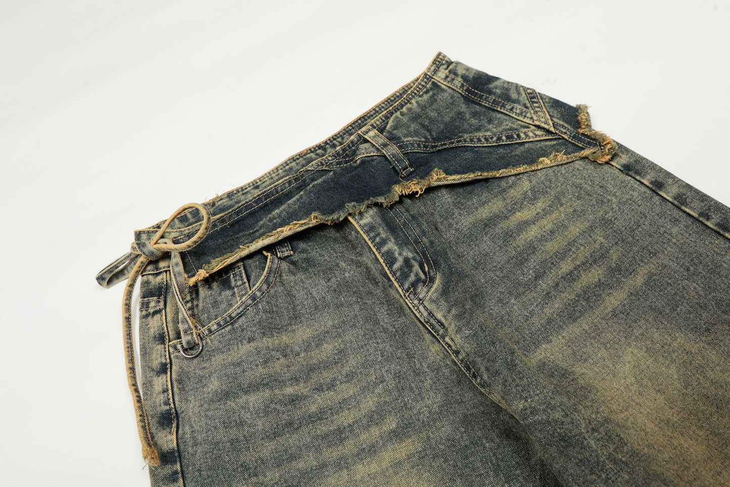 Washed Frayed Wide Leg Straight Denim Jeans WN23039