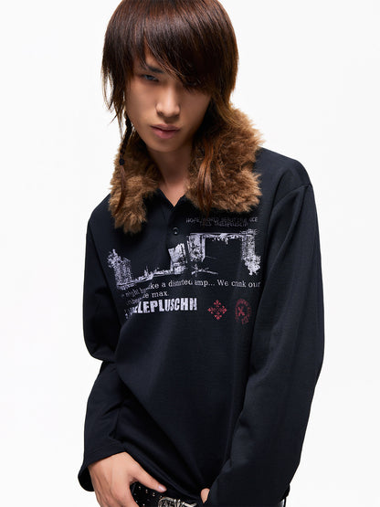 Graphic Print Detachable Fur Collar Long Sleeve T-Shirt WN27269