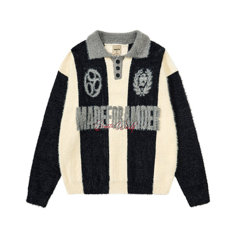 Stripe Embroidery Button Polo Knit Sweater WN24156