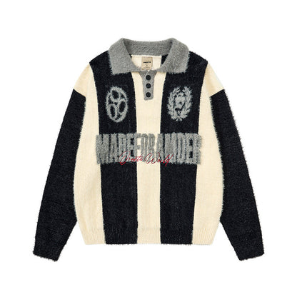 Stripe Embroidery Button Polo Knit Sweater WN24156
