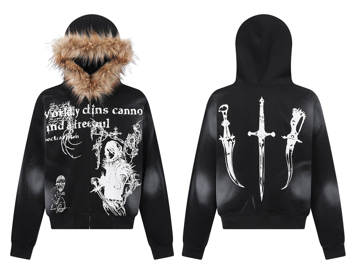 Fake Fur Collar Print Zipper Hoodie WN10999