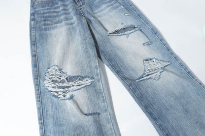Damage Whisker Washed Wide Leg Denim Jeans WN25948