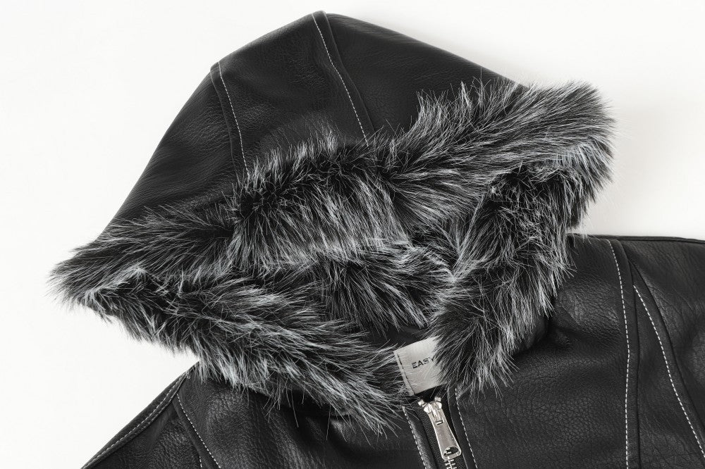 Fake Fur Hooded Panel Cropped Jacket WN28113