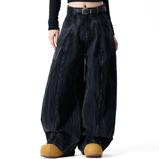 Wrinkle Texture Wide Leg Denim Jeans WN27788