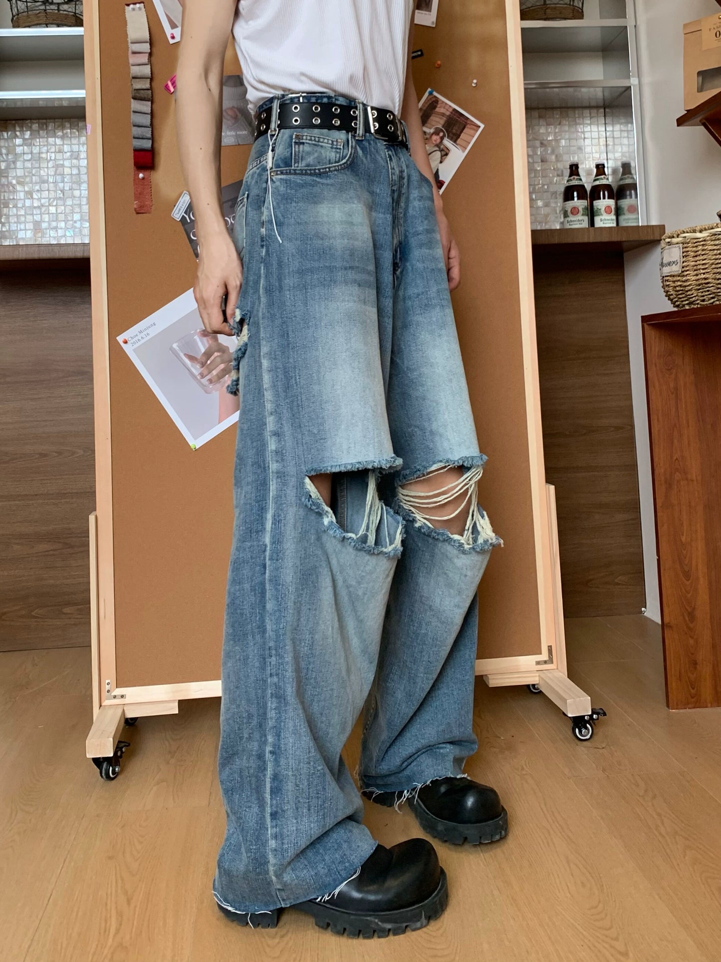 Raw Edge Wash Damage Wide Leg Denim Jeans WN19763