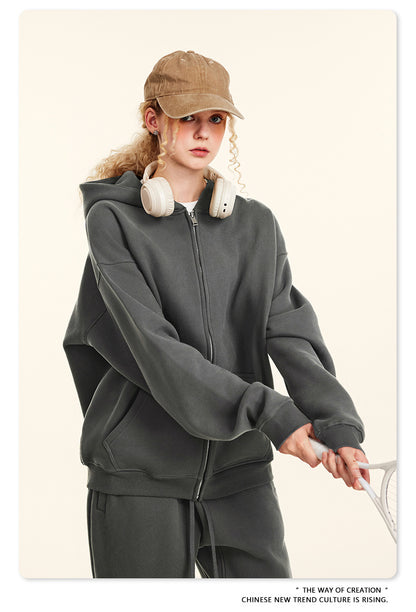 Fleece Lining Oversize Washed Zipper Hoodie WN9943