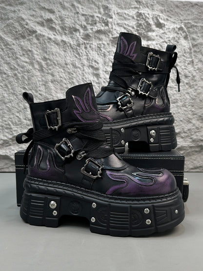 Flame Embroidery Strap Buckle Platform Short Boots WN24578