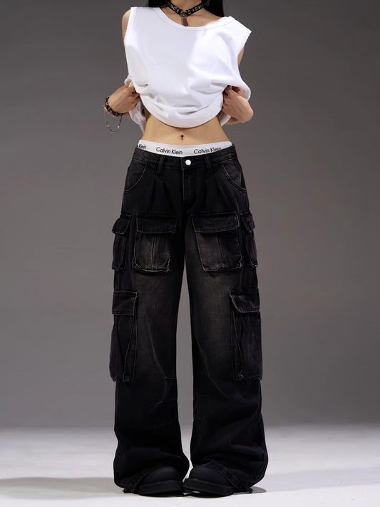 Washed Multi Pocket Wide Leg Cargo Denim Jeans WN7261