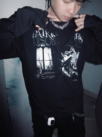 Graphic Print Henley Neck Long Sleeve T-Shirt WN15827