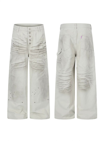 Washed Wrinkle Detail Wide Leg Denim Jeans WN28005