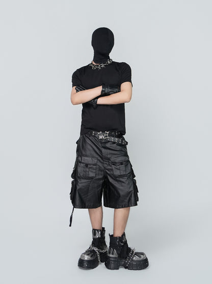 PU Leather Multi Pocket Chain Cargo Short Pants WN24313