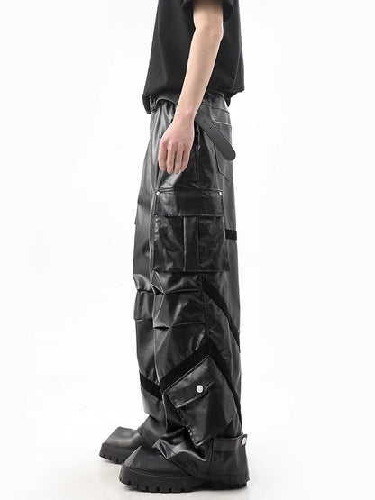 Wide-Leg PU Leather Cargo Pants WN10496