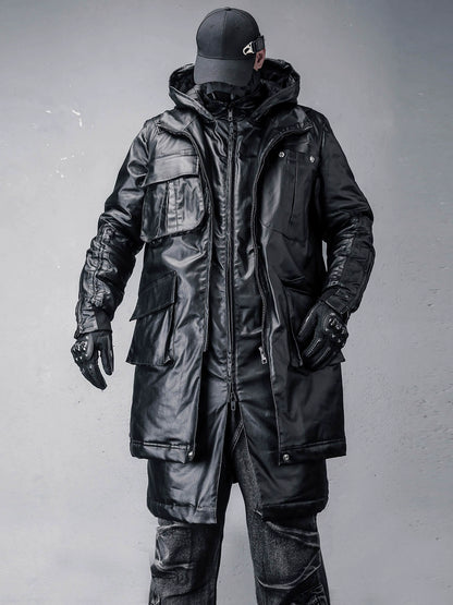 Hooded Fake Layered Large Pockets Wax Dye Coat WN22420