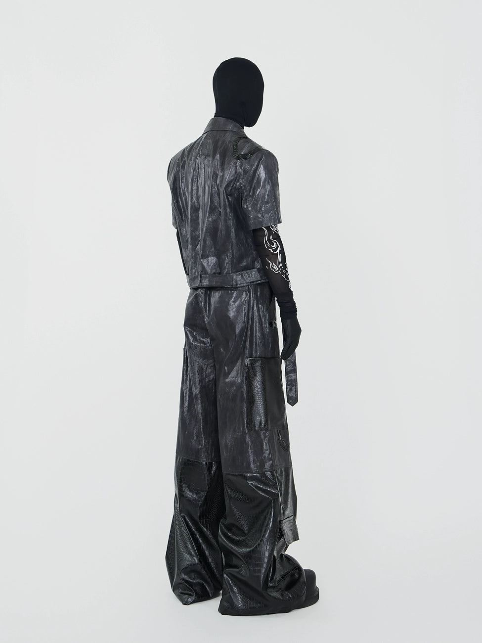 PU Leather Short Sleeve Jacket & PU Leather Wide Leg Pants & Graphic Design Mesh Long Sleeve T-Shirt Setup WN17339