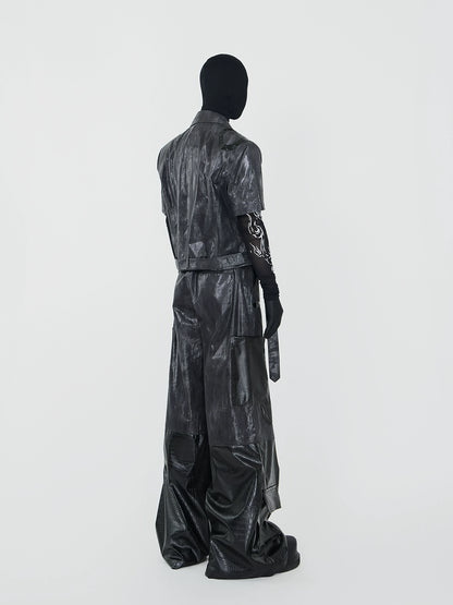 PU Leather Short Sleeve Jacket & PU Leather Wide Leg Pants & Graphic Design Mesh Long Sleeve T-Shirt Setup WN17339