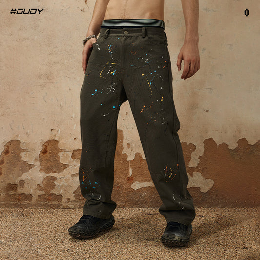 Paint-Splatter Embroidery Straight Pants WN12416