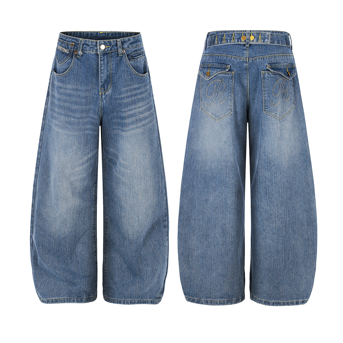 Washed Logo Embroidery Wide Leg Denim Jeans WN25548
