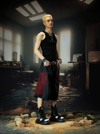 Dragon Embroidery Ultra-Thin Quick-Dry Wide Leg Half Pants WN18512