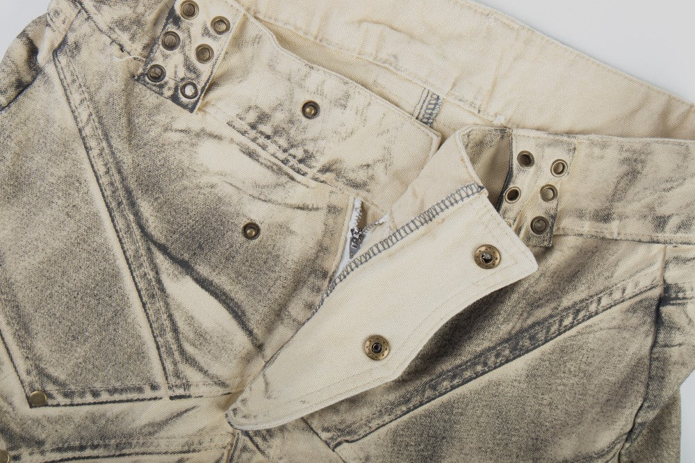 Washed Gradient Metal Stud Curved Wide Leg Denim Jeans WN27875