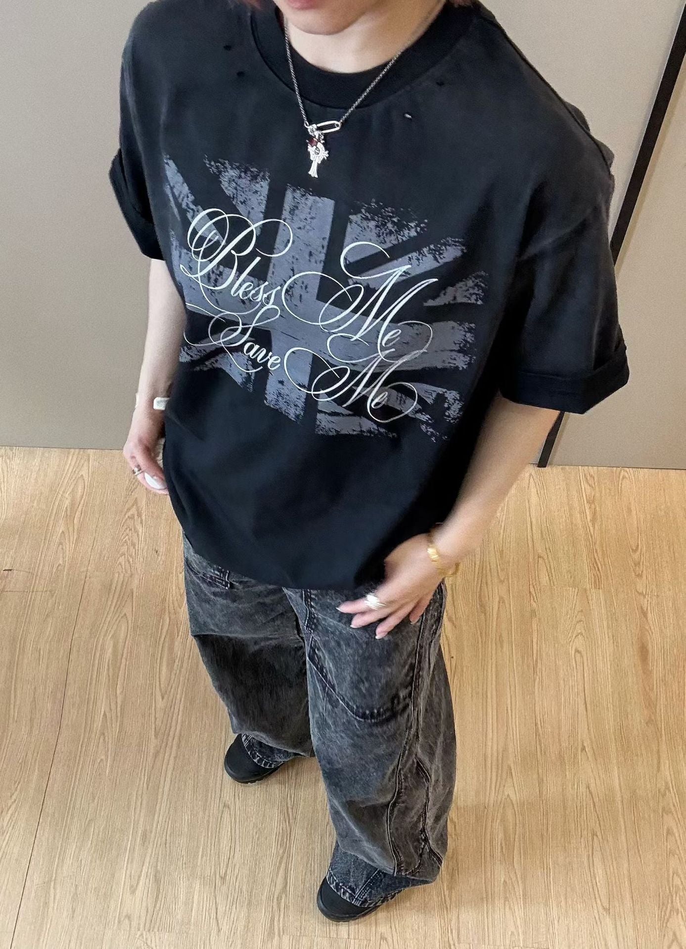 Damage Letter Print Short Sleeve T-Shirt WN25417