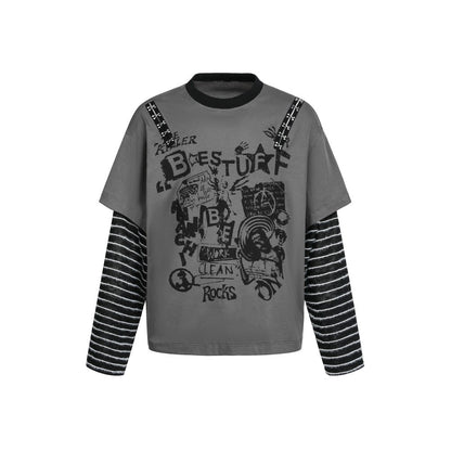 Fake Layered Studs Graphic Long Sleeve T-Shirt WN27820