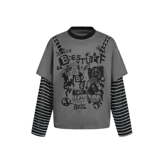 Fake Layered Studs Graphic Long Sleeve T-Shirt WN27820