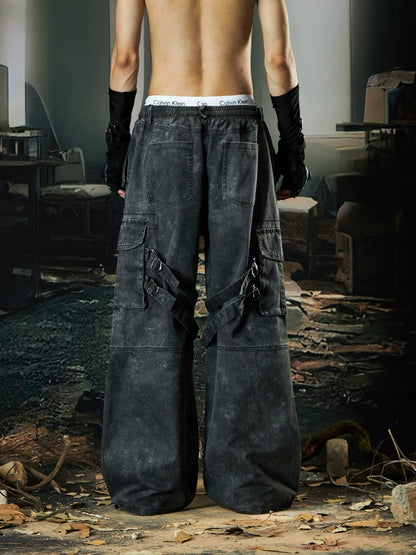 Washed Layered Pleats Multi-Pocket Cargo Pants WN18477