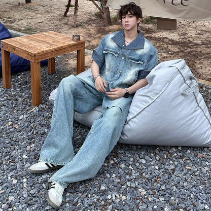 Fade Damage Short Denim Jacket & Damage Wide Leg Denim Jeans Setup WN25335