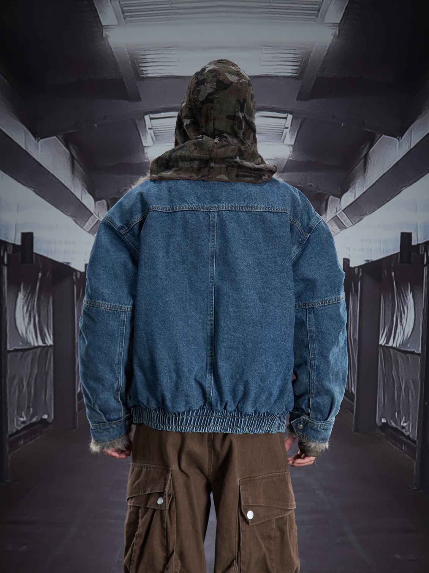 Denim Patchwork Eagle Patch Fake Fur Padded Jacket WN22913