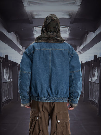 Denim Patchwork Eagle Patch Fake Fur Padded Jacket WN22913