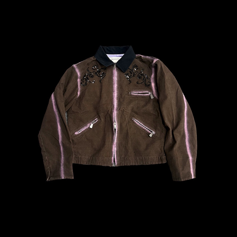 Patchwork Collar Sequin Embroidery Spray Wash Jacket WN18932