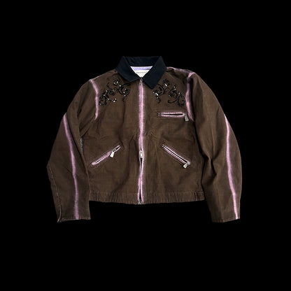 Patchwork Collar Sequin Embroidery Spray Wash Jacket WN18932