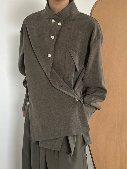 Standing-Collar Side Button Long Sleeve Shirt WN19953