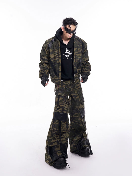 Camouflage Patchwork Leather Jacket & Cargo Pants Setup WN11726