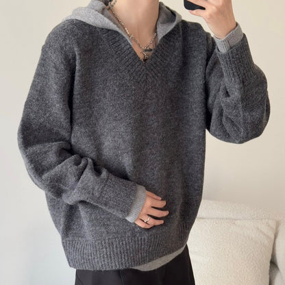 Fake Layered V-Neck Drop Shoulder Hooded Oversize Knit Sweater WN23186