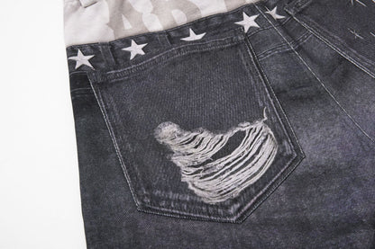 Star Damage Washed Wide Leg Denim Jeans WN25519