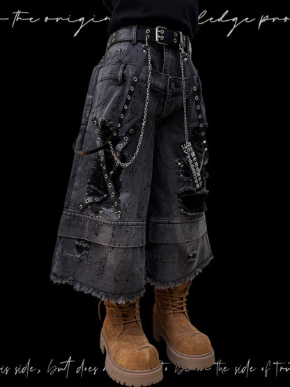 Damage Cutout Raw Hem Wide Leg Denim Jeans & Skull Belt & Cross Belt & Belt Chain WN23828
