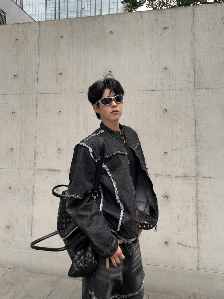 Patchwork Raw Edge Shoulder-Pad Short Jacket & Patchwork Straight Denim Jeans Setup WN15364