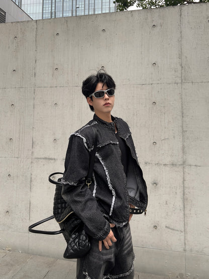 Patchwork Raw Edge Shoulder-Pad Short Jacket & Patchwork Straight Denim Jeans Setup WN15364