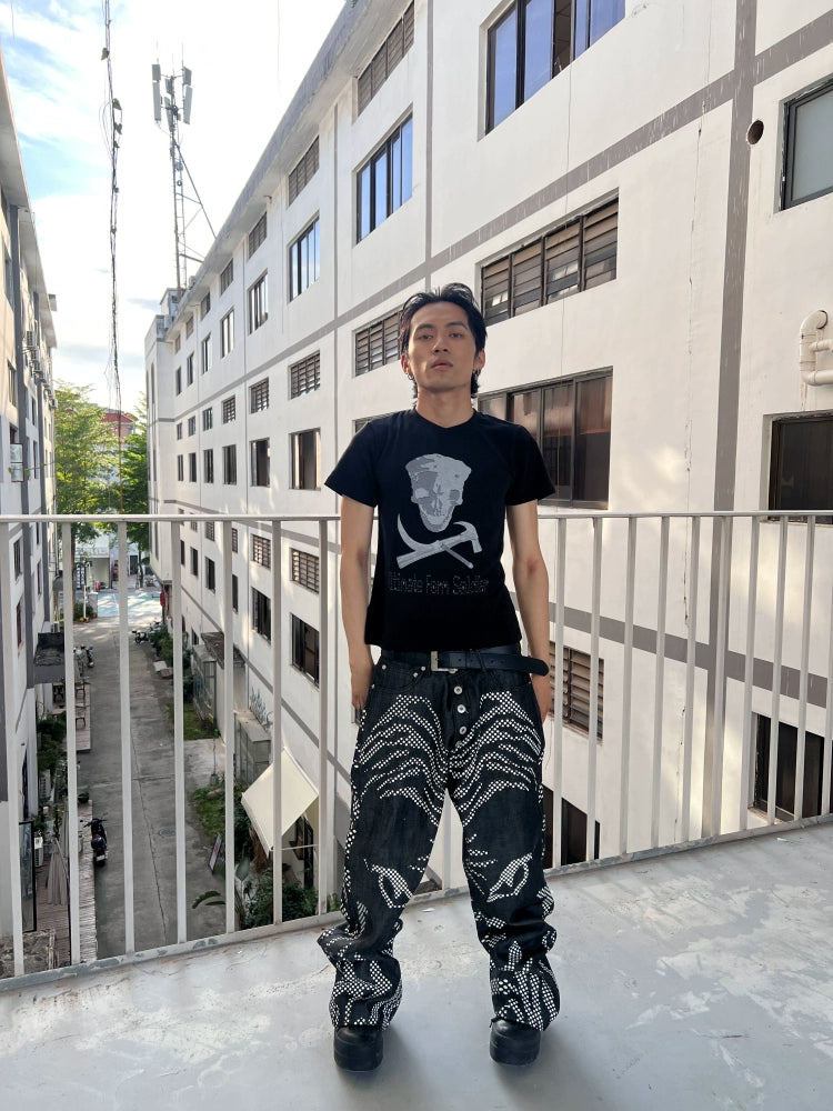 Hammer & Sickle White Ink Skull Print Slim Short Sleeve T-Shirt WN19087