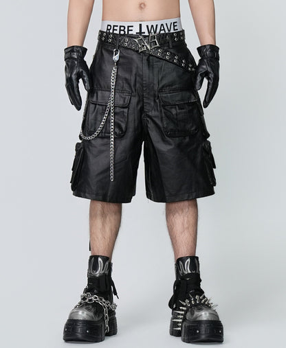 PU Leather Multi Pocket Chain Cargo Short Pants WN24313
