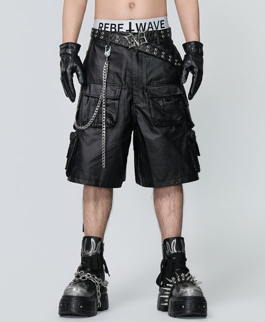 PU Leather Multi Pocket Chain Cargo Short Pants WN24313