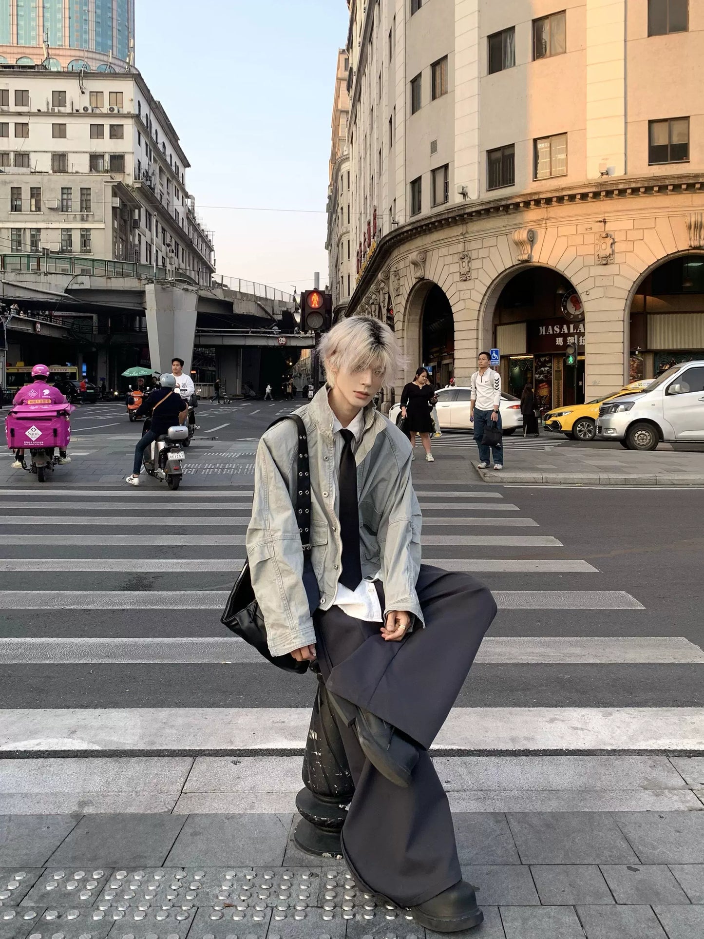 Standing-Neck Large Pocket Jacket & Wide Leg Cargo Pants Setup WN19910