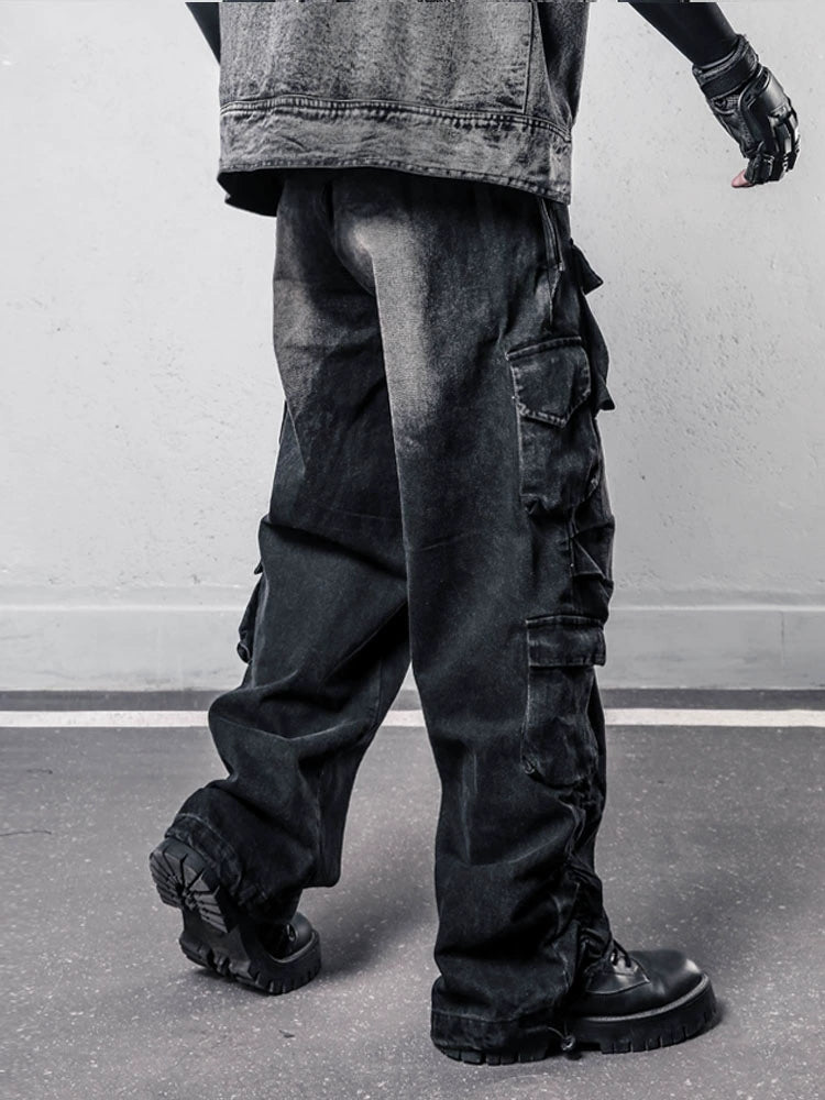 Damage Wash Multi-Pocket Wide Leg Denim Jeans WN22427