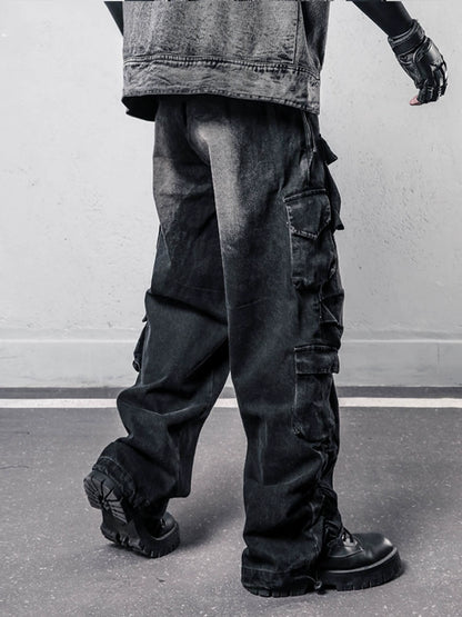 Damage Wash Multi-Pocket Wide Leg Denim Jeans WN22427