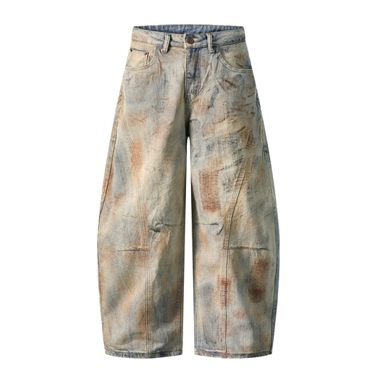 Washed Mud Dye Dirty Wide-Leg Denim Jeans WN15083